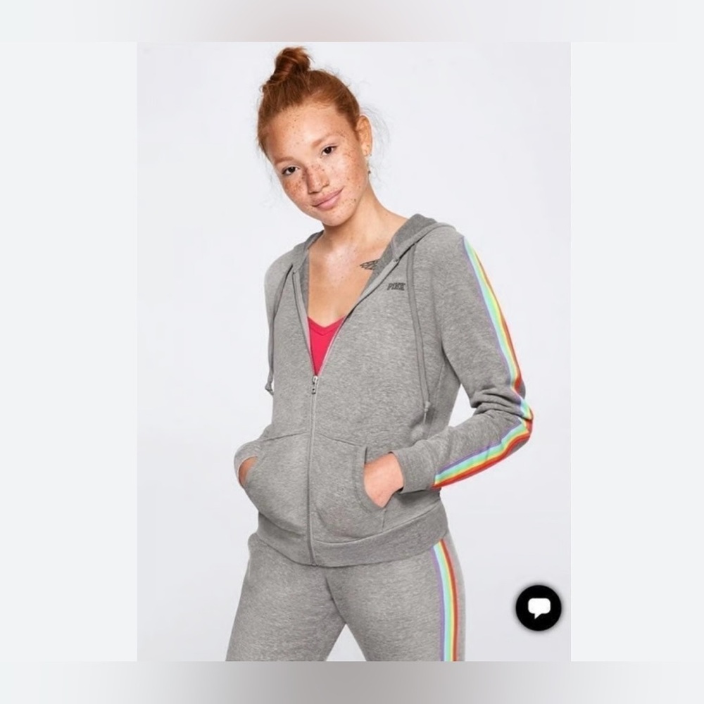 PINK Limited Edition Grey Set Rainbow Colors Across Vertically Hoodie & Joggers